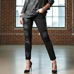 KLEYMAC Black Floral Botanical Graphic Ankle Pants Edgy Chic Spain Moto Grunge